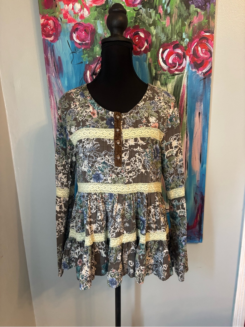 Aratta silent journey tiered ruffle floral blouse long sleeve linen blend boho